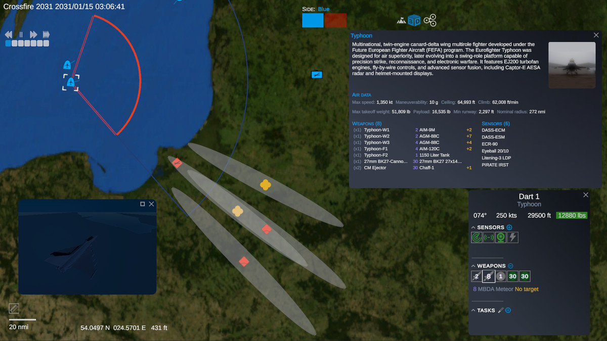 A Eurofighter Typhoon flight engaging inbound contacts, with missile engagement envelopes drawn on the map