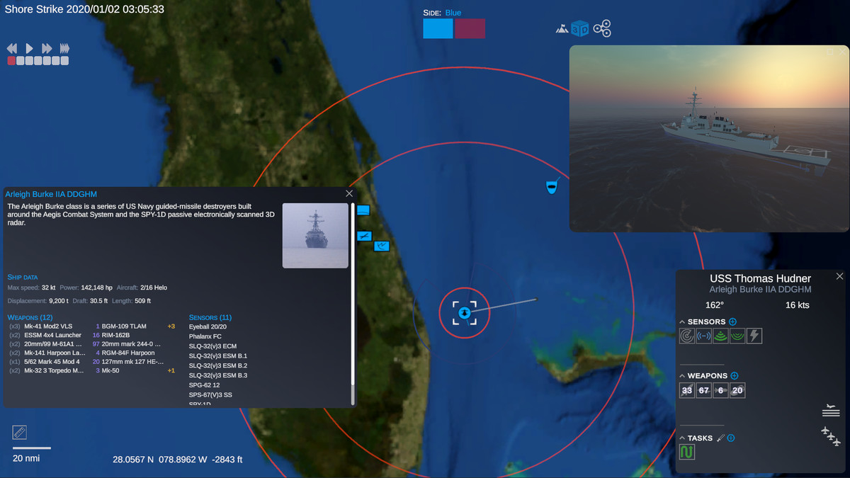 An Arleigh Burke destroyer under way, with its weapons and sensor fit shown alongside the theater map